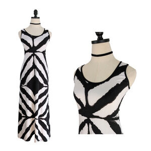 Vintage Y2K Maxi Dress Sleeveless Tie Dye Bold Psychadelic Black White Long S